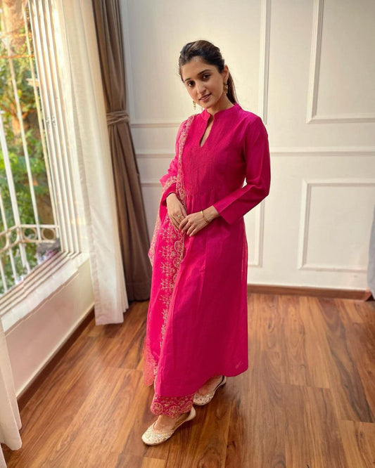 VERY ATTRACTIVE PINK PURE COTTON EMBROIDERY SUIT SET