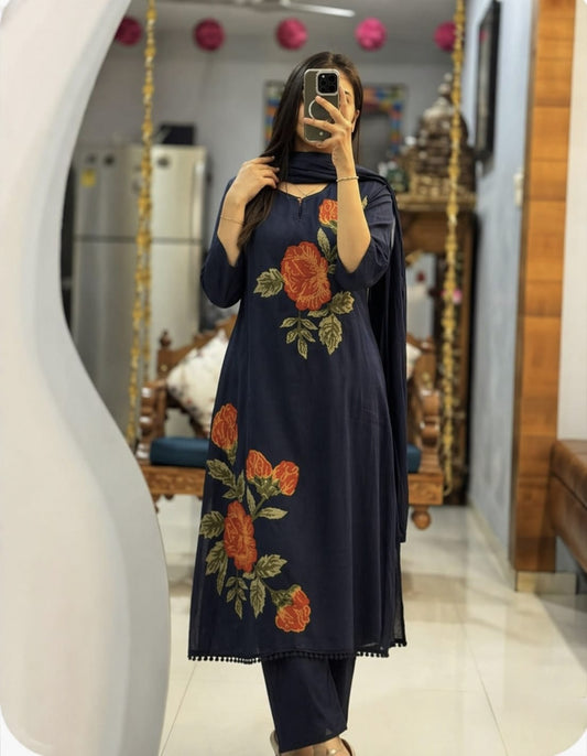 Elegant Rose Embroidery Jaipuri Cotton Suit Sets