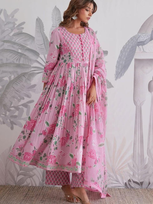 Premium Floral Printed Pure Jaipuri Cotton Anarkali Suit Set
