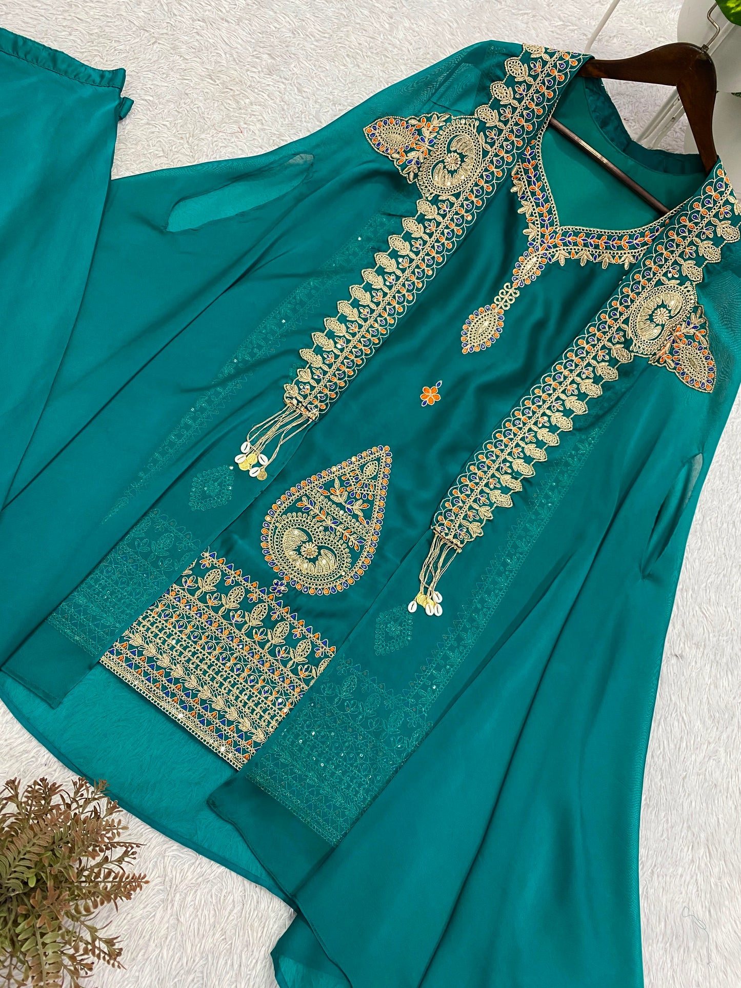 Emerald Green Rangoli Silk Indo-Western Set with Sequins Embroidered Cape Shrug