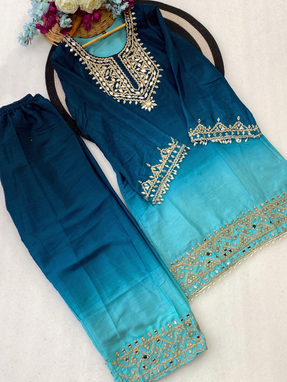 Elegant Turquoise Blue Chinon Silk Straight Kurta Pant Set
