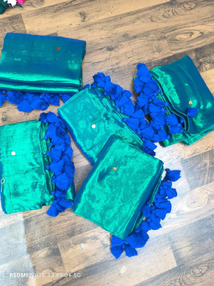 Mul Cotton Raga Tissue : Bluish Green with Tassels