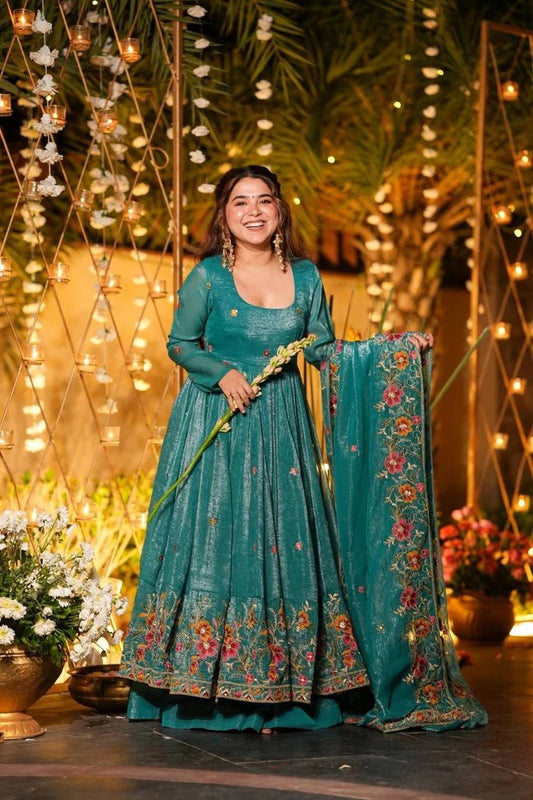 Designer Soft Crunchy Silk Embroidered Anarkali Suit Set