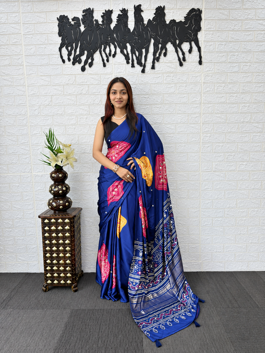 Avani Royal Blue Foil Print Saree with Heavy Mirror Border