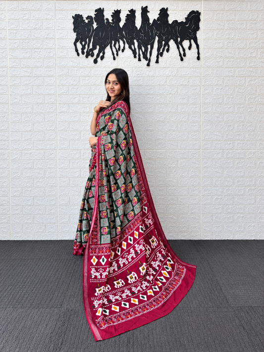 Traditional Patola Print Mall Cotton Saree in Forest Green & Deep Maroon