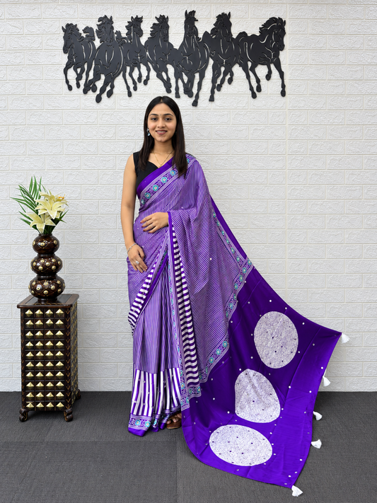 Couture Stripe Saree in Regal Violet: Premium Japan Satin Silk Saree