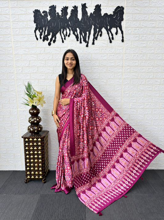 Gorgeous Wine Purple Japan Satin Silk Saree With Elegant Mirror Work & Blouse Piece