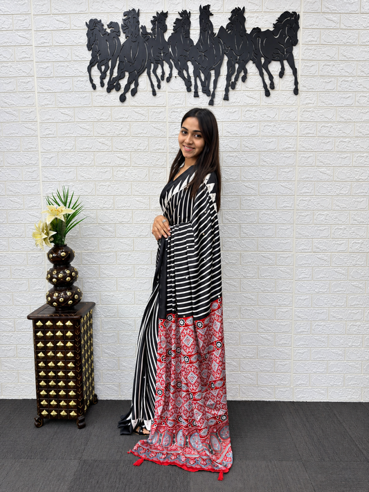 Timeless Luxury With Our Fusion Geometry Japan Satin Silk Saree