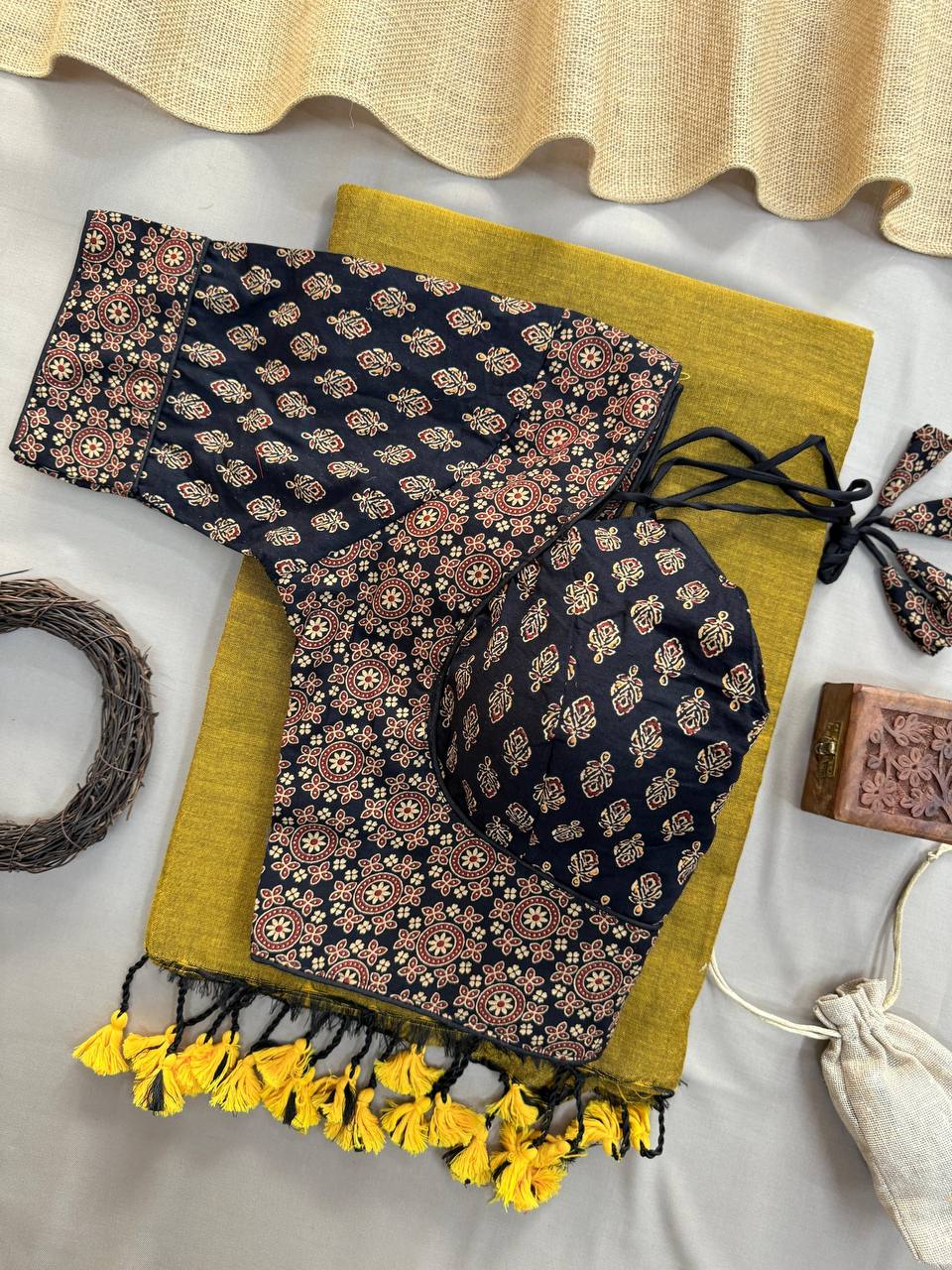 Trendy Yellow Handloom Pure Cotton Saree with Ajrakh Padded Stitched Blouse