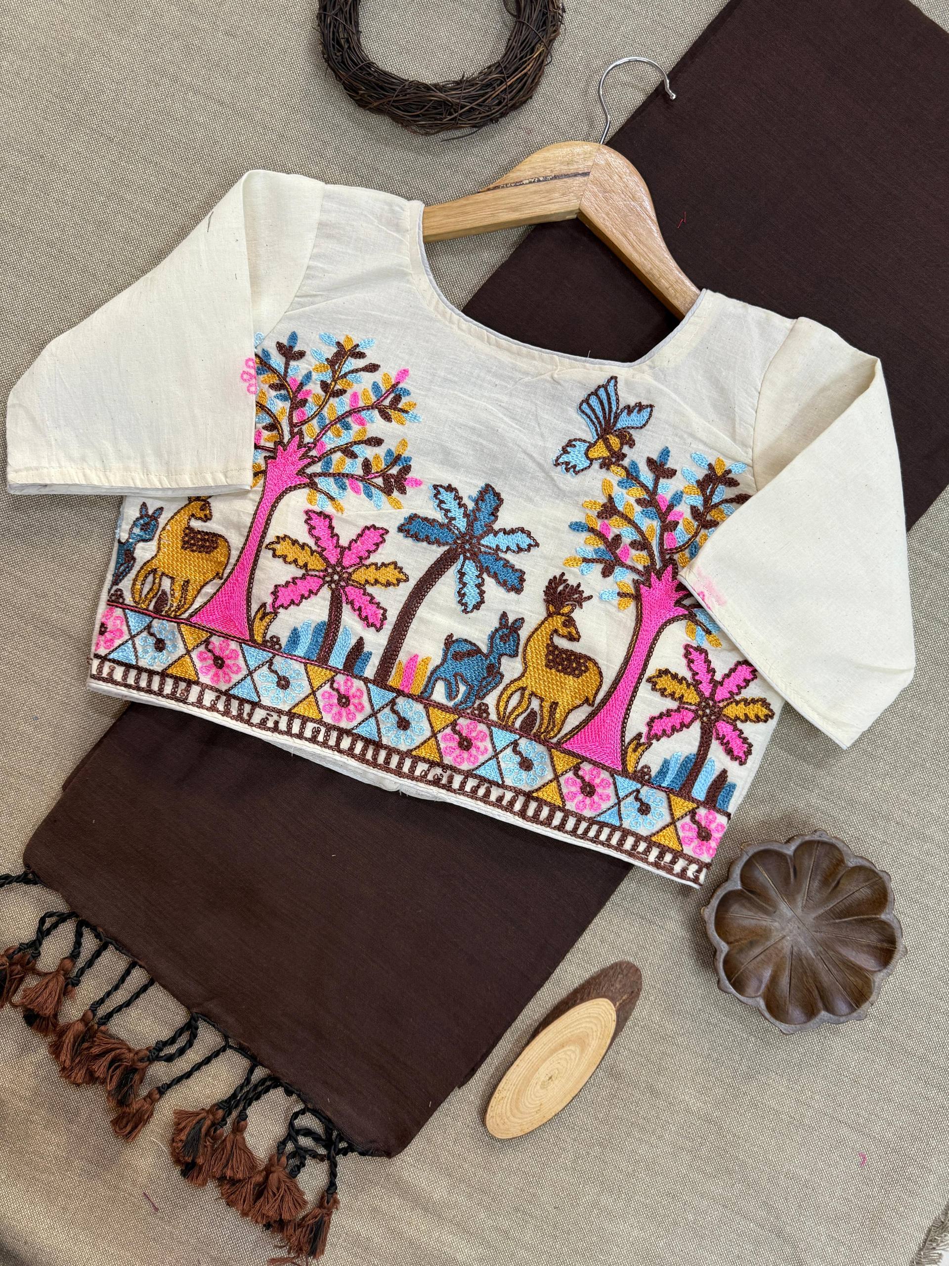 Coffee Pure Handloom Cotton Saree With Stitched Embroidery Blouse