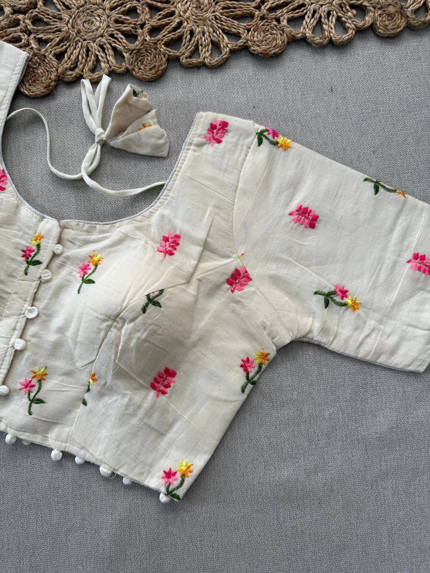 Baby Pink Handloom Cotton Saree With Embroidery Stitched Blouse