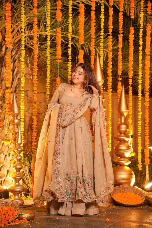 Mustani Beige Embroidered Anarkali Suit Set