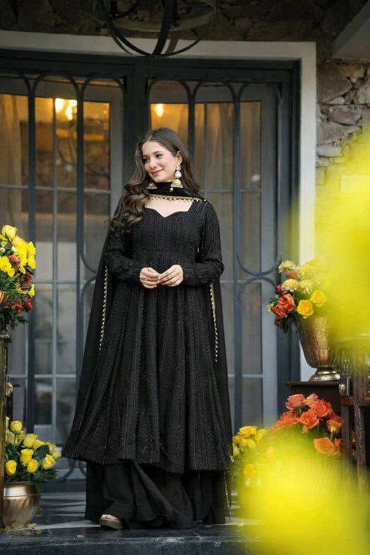 Black Lakhnavi Embroidered Work Anarkali Suit Set