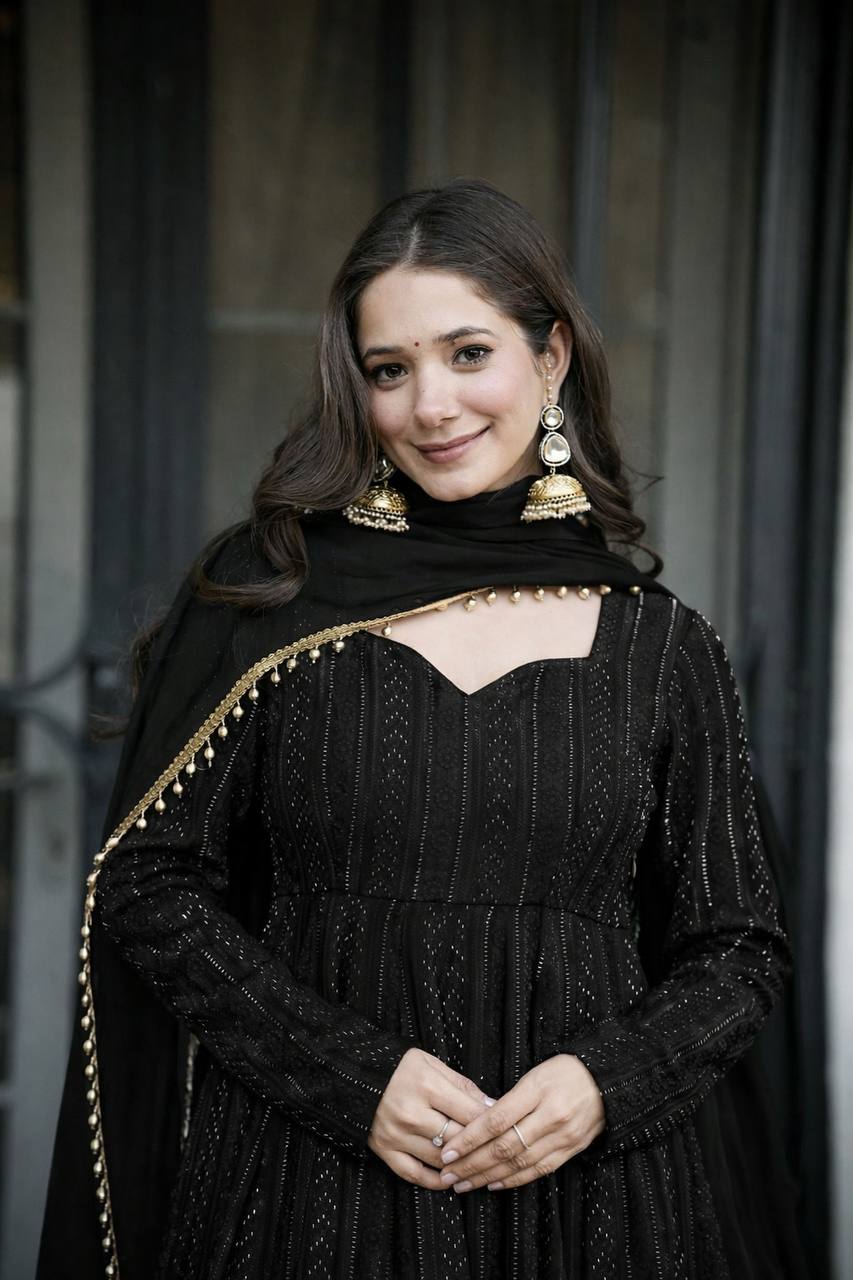 Black Lakhnavi Embroidered Work Anarkali Suit Set