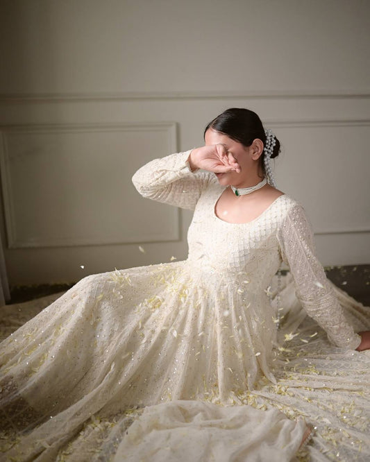 WHITE SEQUINS & ZARI EMBROIDERED SOFT GEORGETTE STITCHED ANARKALI SET