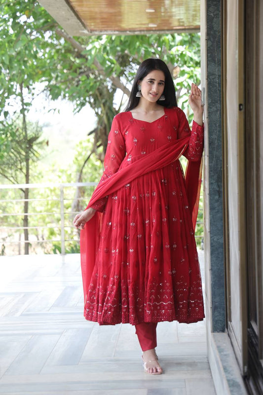 PREMIUM DESIGNER MAROON COLOURED ANARKALI SUIT SET