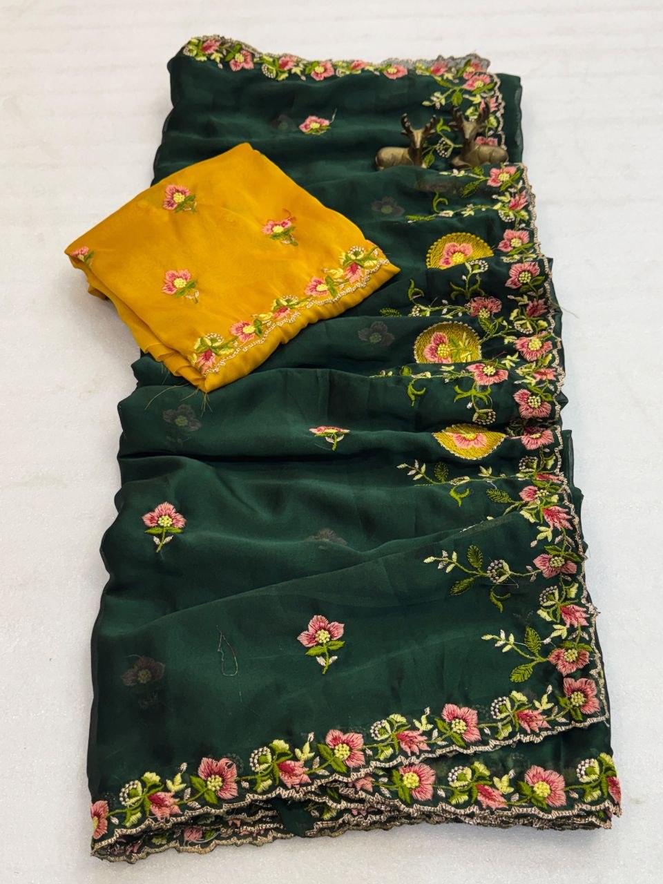 Regal Emerald Green Floral Embroidered Saree with Elegant Designer Border & Luxury Festive Finish