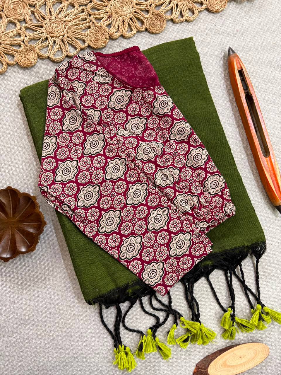 Beautiful Khadi Cotton Handloom Saree With Stiched Blouse