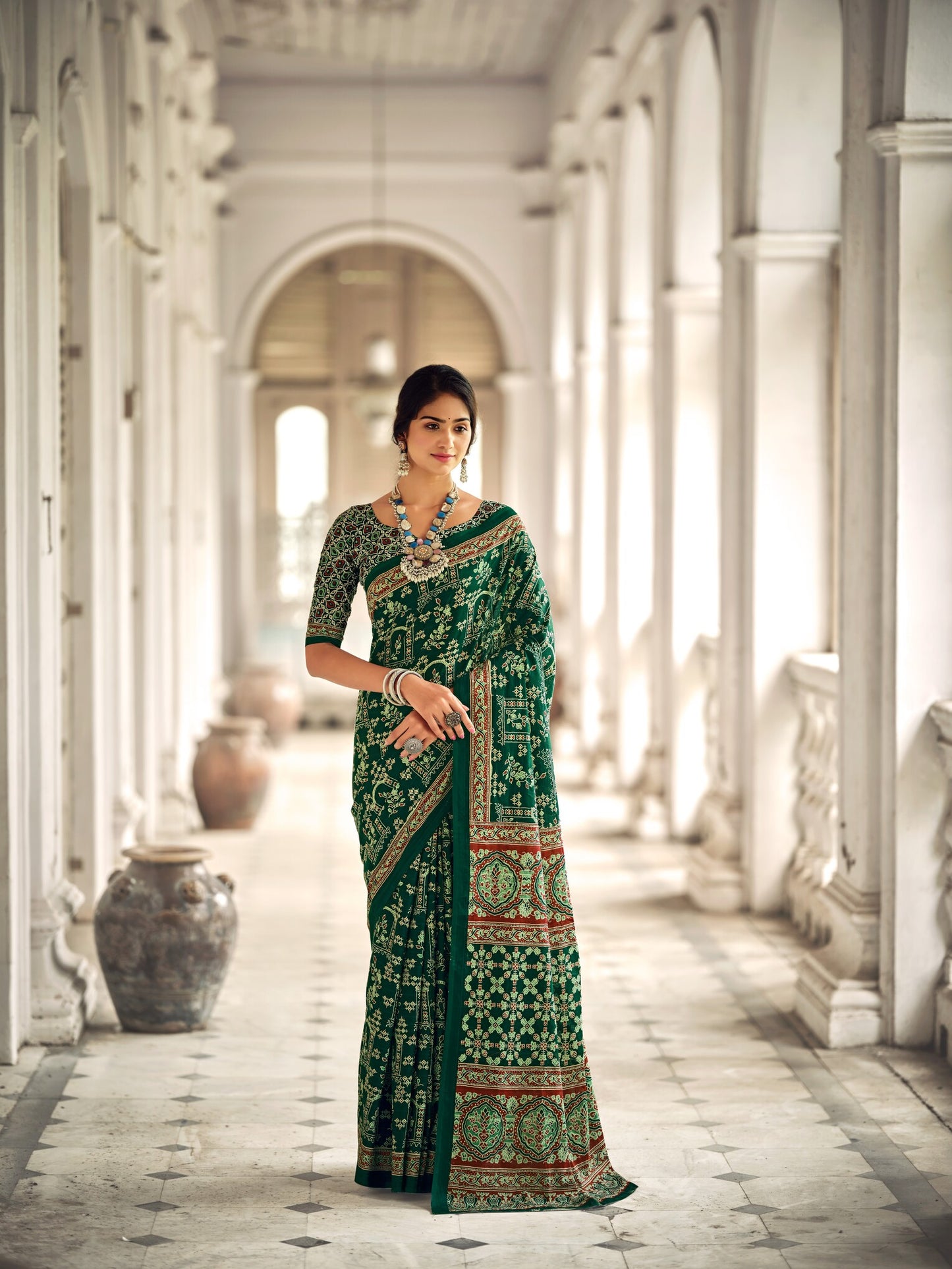 Dharma - Botal Green Ajrakh Print Pure Mul Cotton Saree
