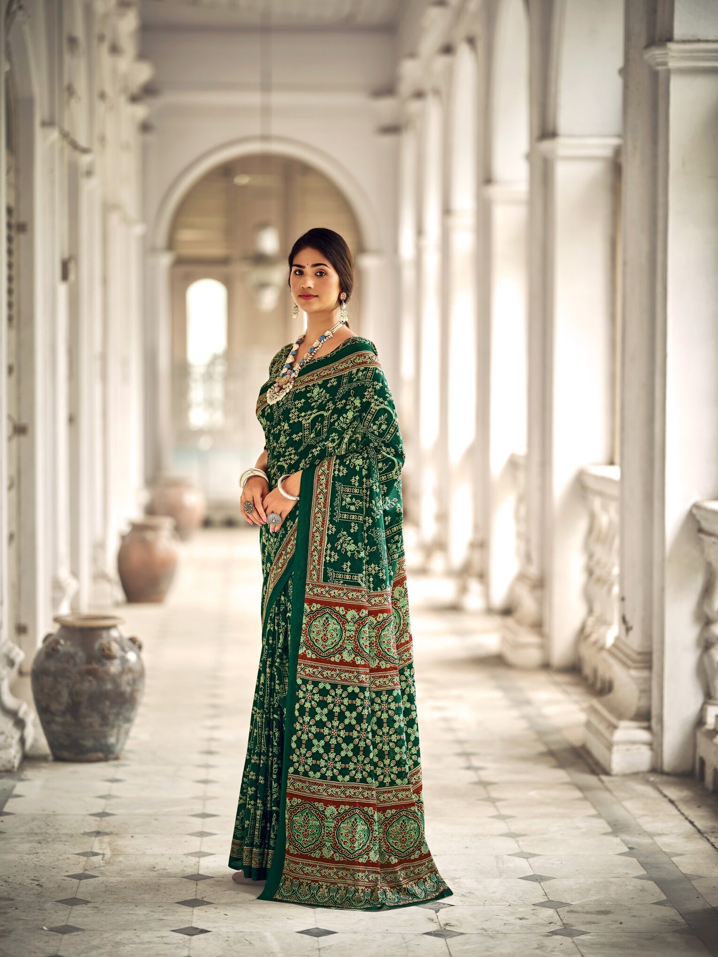 Dharma - Botal Green Ajrakh Print Pure Mul Cotton Saree