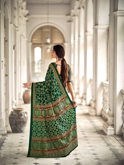 Dharma - Botal Green Ajrakh Print Pure Mul Cotton Saree