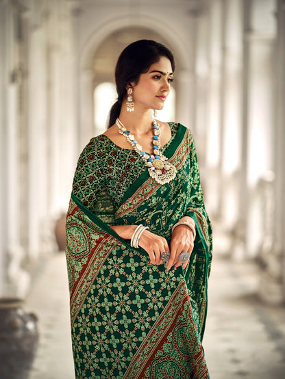 Dharma - Botal Green Ajrakh Print Pure Mul Cotton Saree