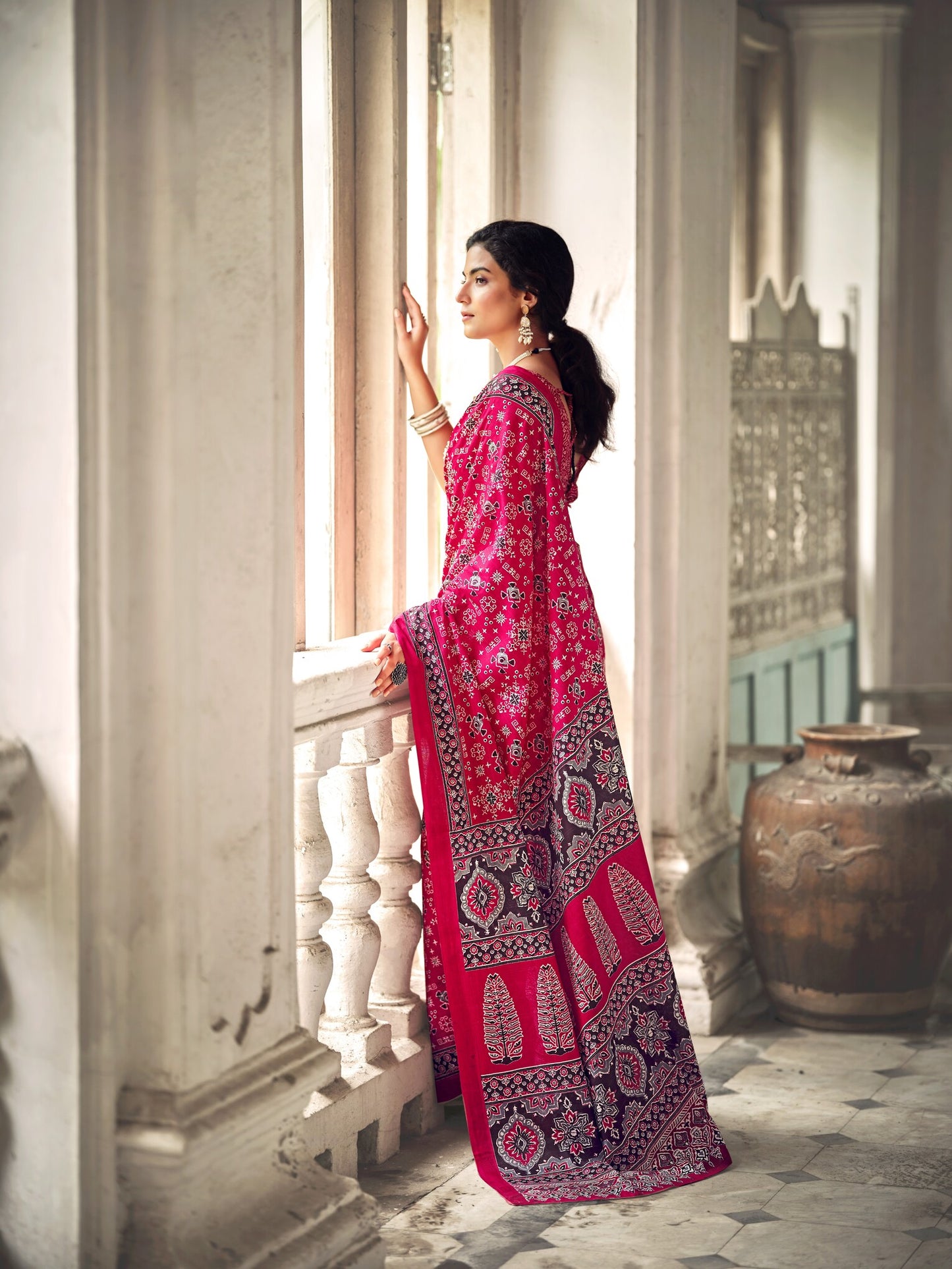 Dharma - Ajrakh Print Pure Mul Cotton Saree With Blouse