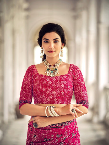 Dharma - Ajrakh Print Pure Mul Cotton Saree With Blouse