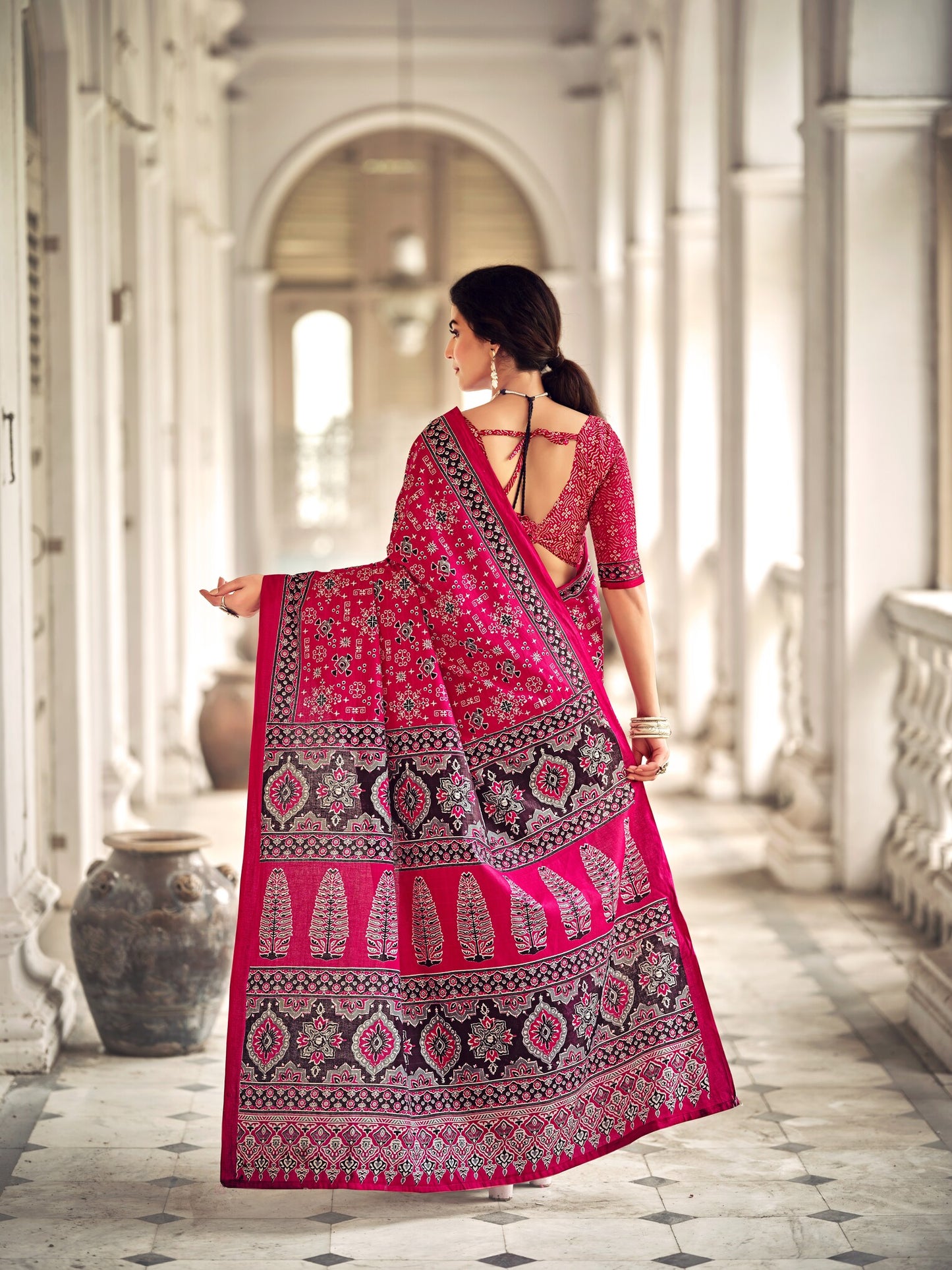 Dharma - Ajrakh Print Pure Mul Cotton Saree With Blouse