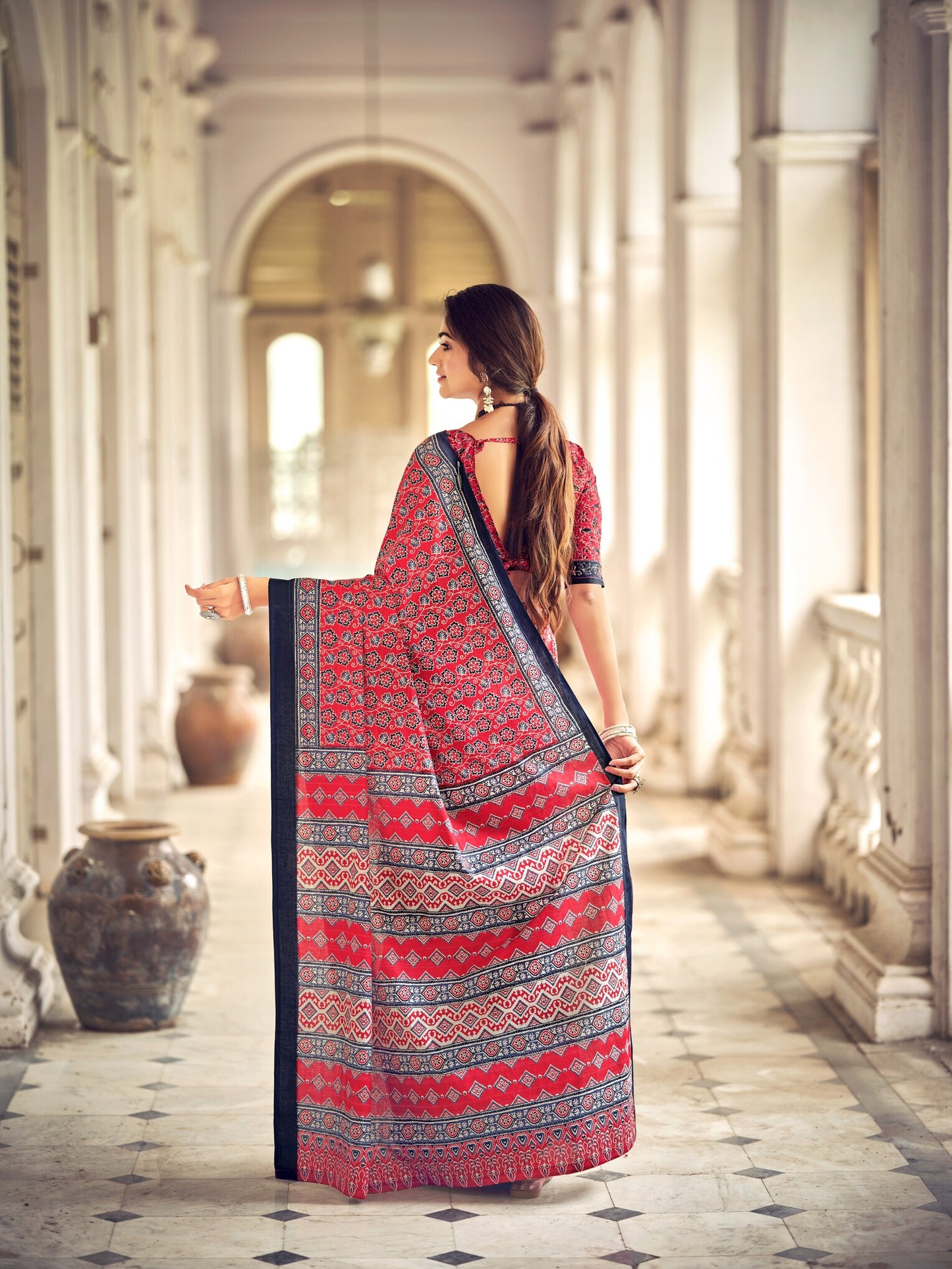Dharma - Ajrakh Print Pure Mul Cotton Saree With Blouse