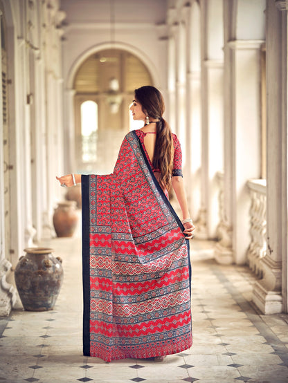 Dharma - Ajrakh Print Pure Mul Cotton Saree With Blouse