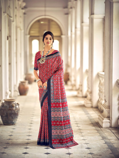 Dharma - Ajrakh Print Pure Mul Cotton Saree With Blouse