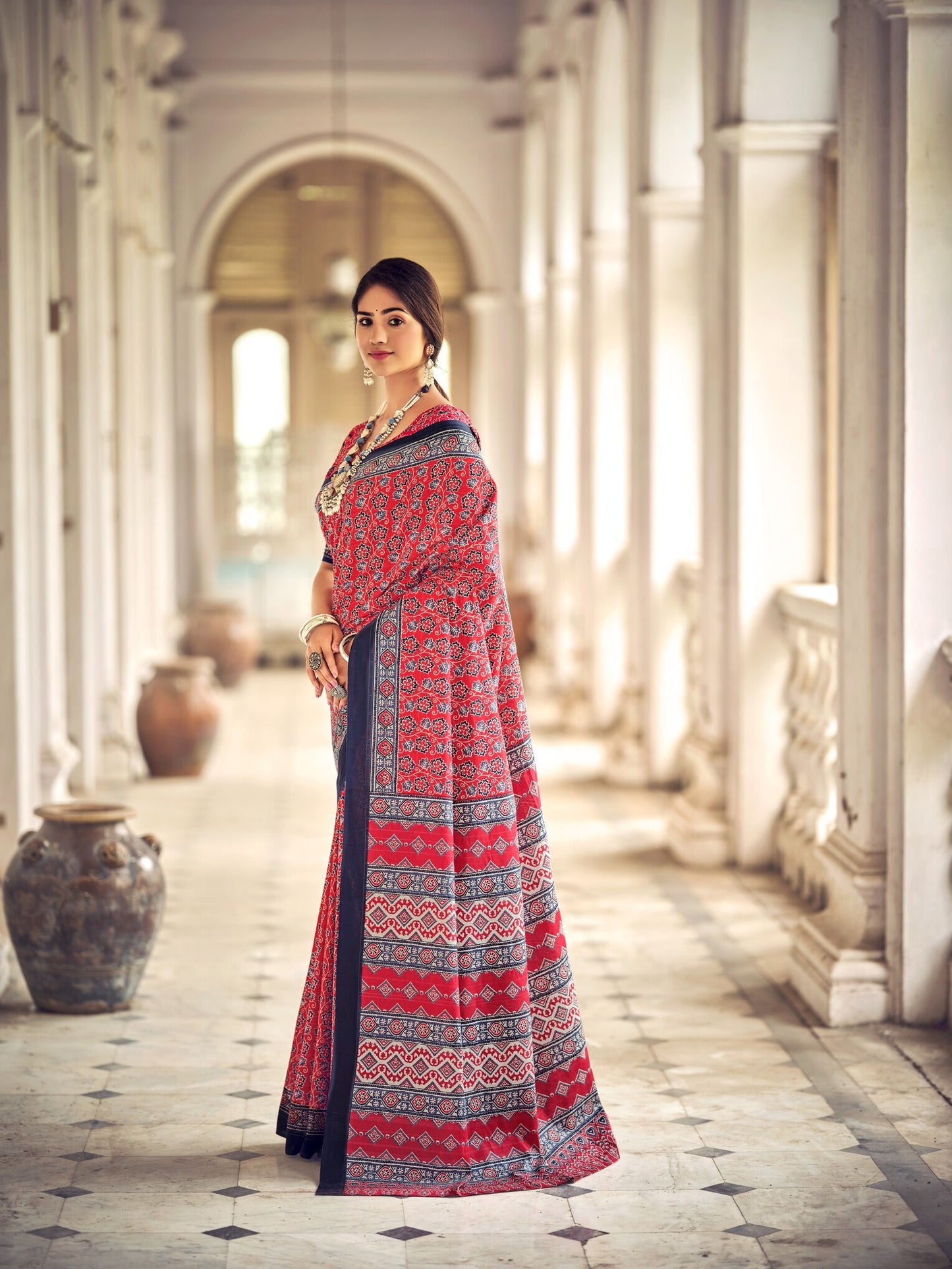 Dharma - Ajrakh Print Pure Mul Cotton Saree With Blouse