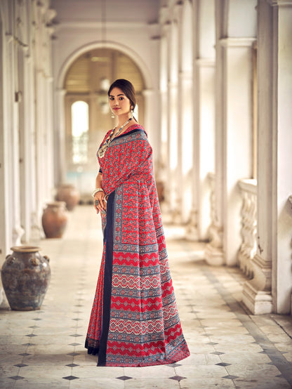 Dharma - Ajrakh Print Pure Mul Cotton Saree With Blouse