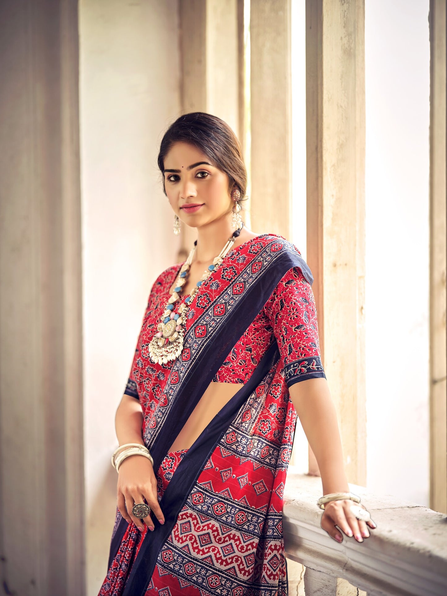 Dharma - Ajrakh Print Pure Mul Cotton Saree With Blouse
