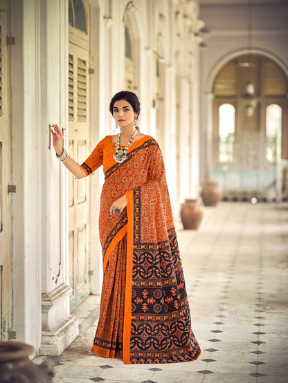 Dharma - Orange Ajrakh Print Pure Mul Cotton Saree With Blouse