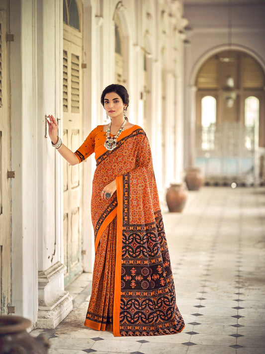 Dharma - Orange Ajrakh Print Pure Mul Cotton Saree With Blouse