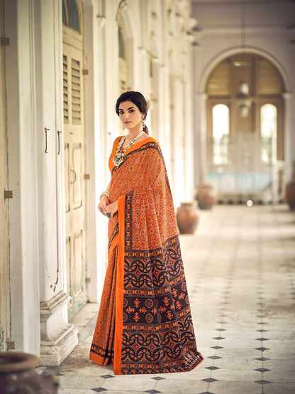 Dharma - Orange Ajrakh Print Pure Mul Cotton Saree With Blouse