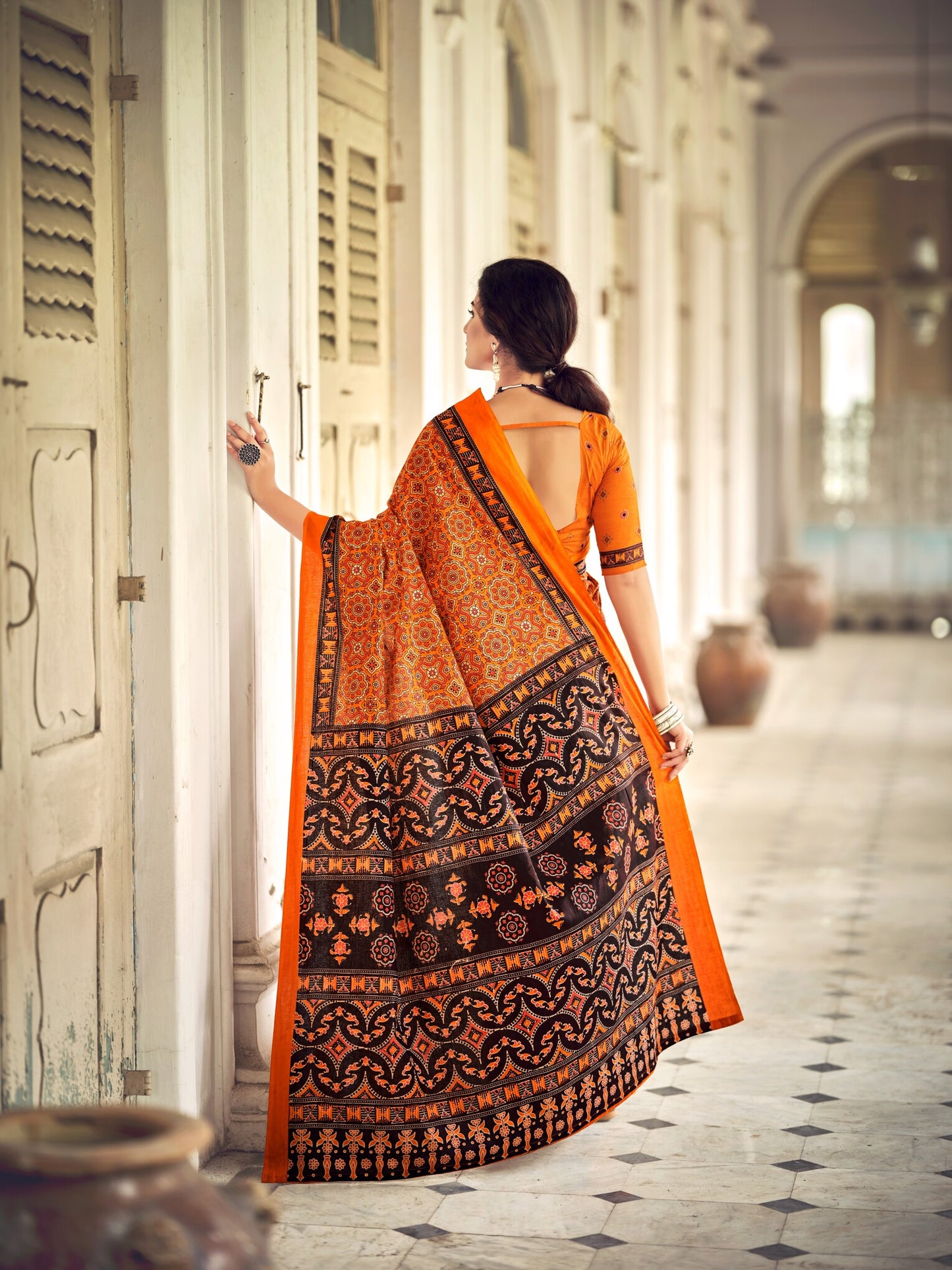 Dharma - Orange Ajrakh Print Pure Mul Cotton Saree With Blouse