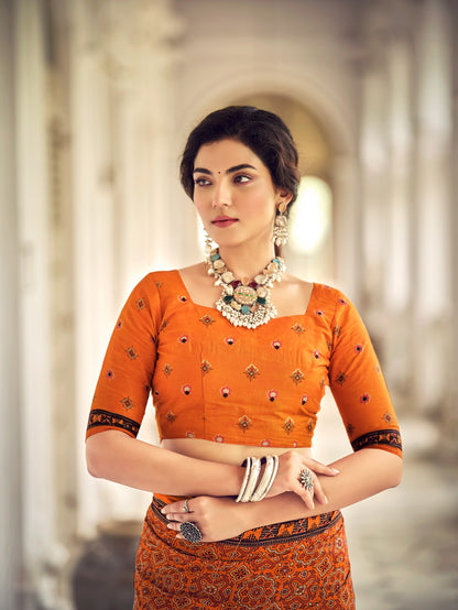 Dharma - Orange Ajrakh Print Pure Mul Cotton Saree With Blouse