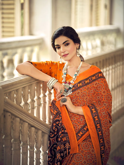 Dharma - Orange Ajrakh Print Pure Mul Cotton Saree With Blouse
