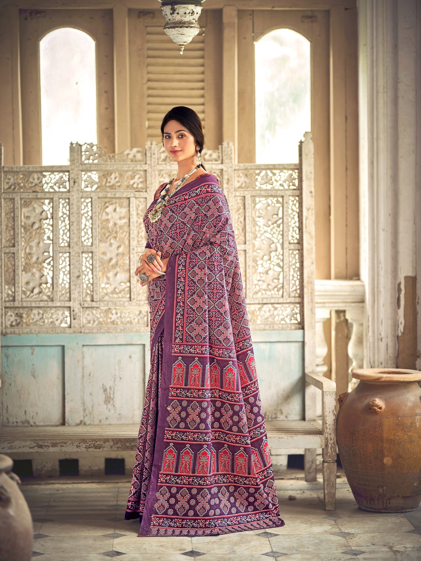 Dharma - Ajrakh Print Pure Mul Cotton Saree With Blouse