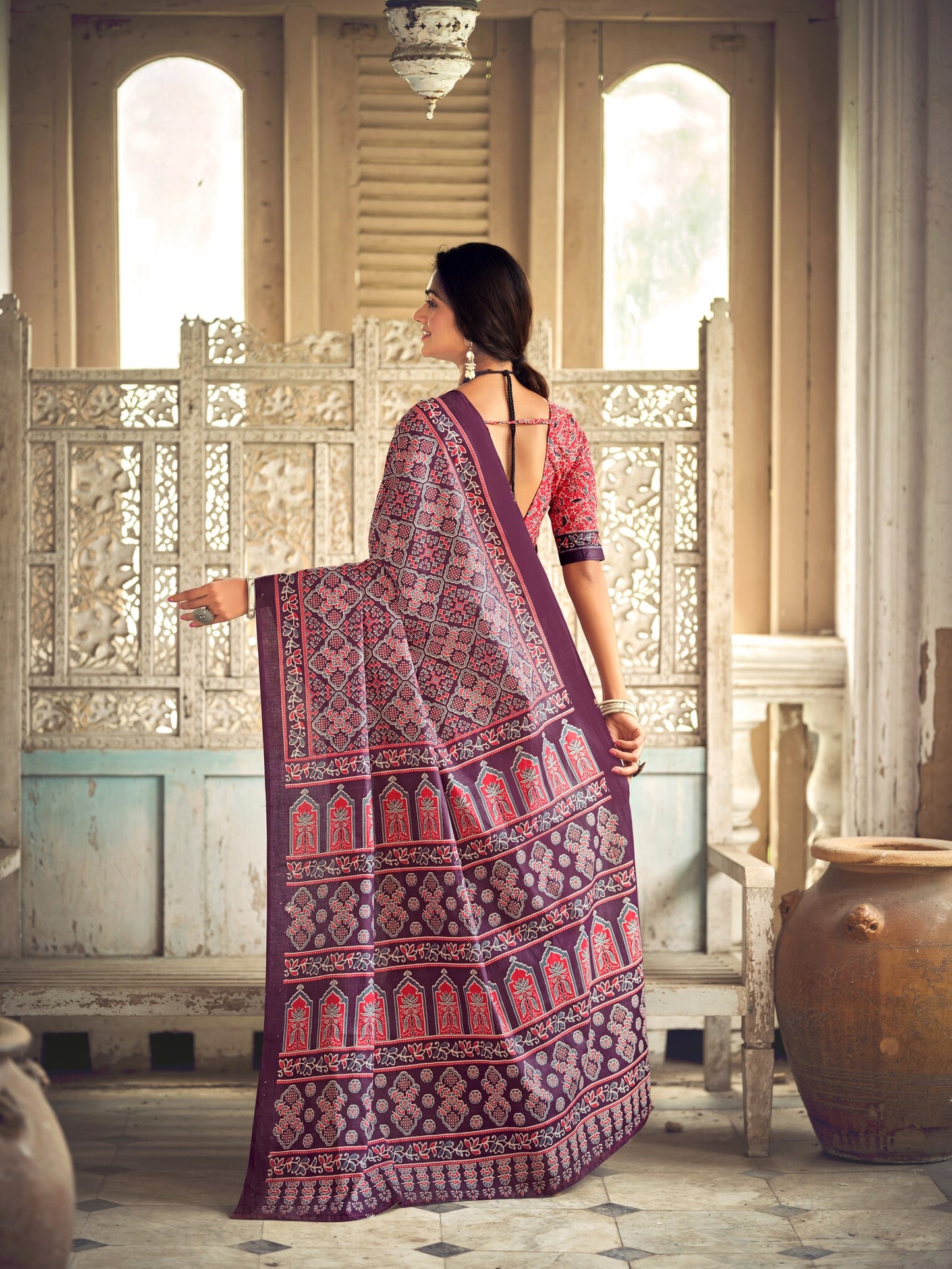 Dharma - Ajrakh Print Pure Mul Cotton Saree With Blouse