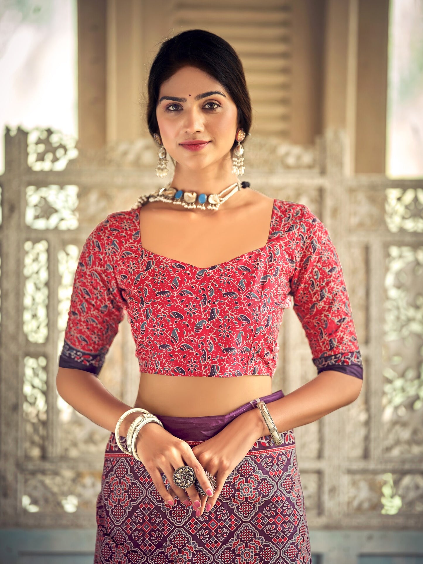 Dharma - Ajrakh Print Pure Mul Cotton Saree With Blouse