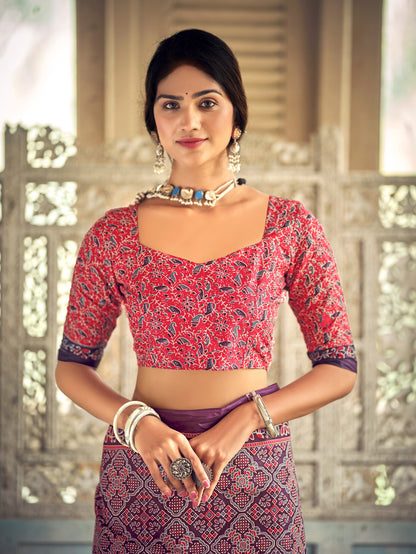 Dharma - Ajrakh Print Pure Mul Cotton Saree With Blouse