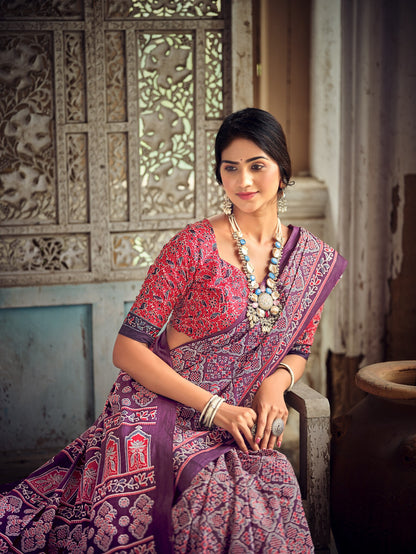 Dharma - Ajrakh Print Pure Mul Cotton Saree With Blouse
