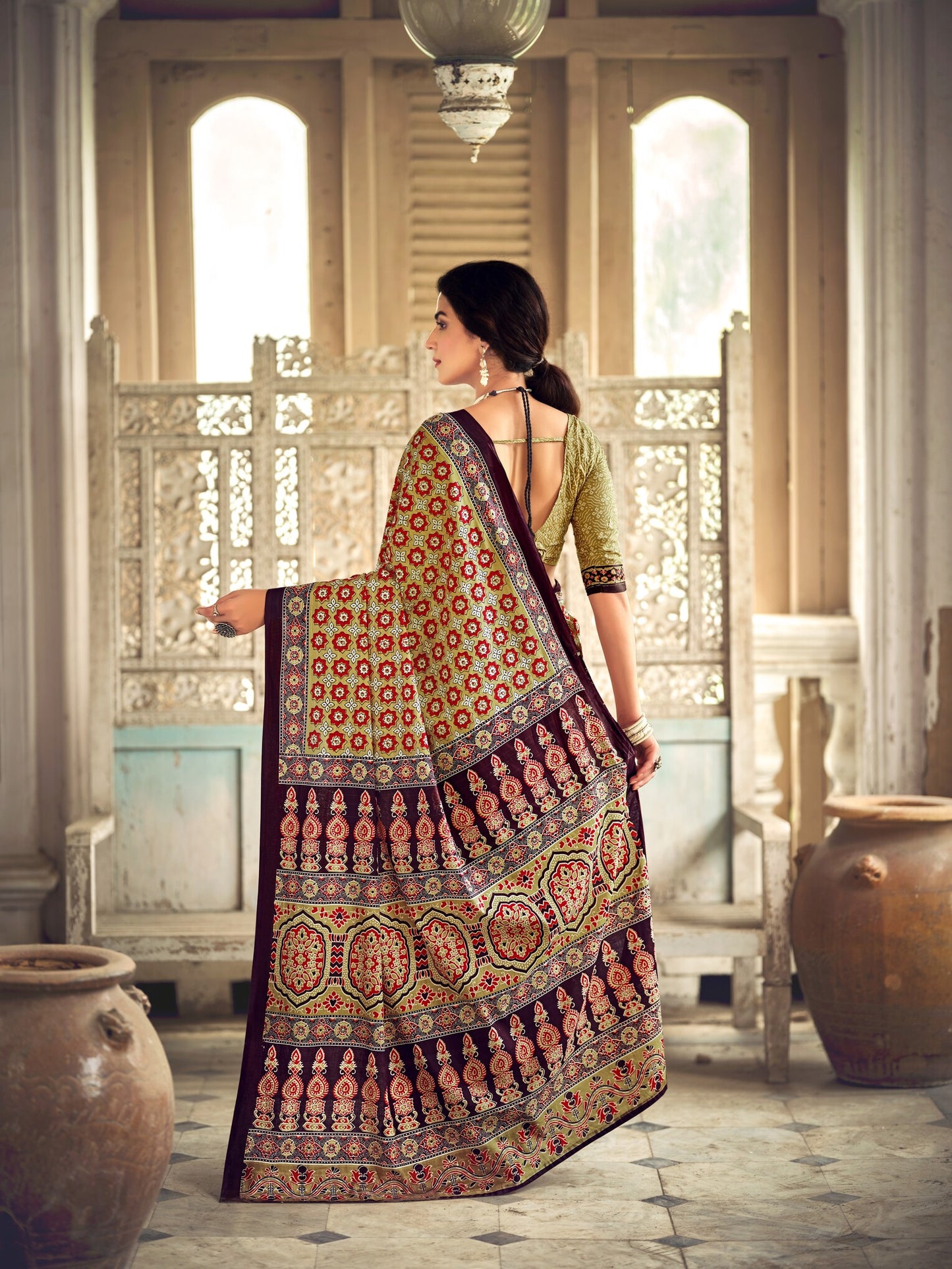 Dharma - Ajrakh Print Pure Mul Cotton Saree With Blouse