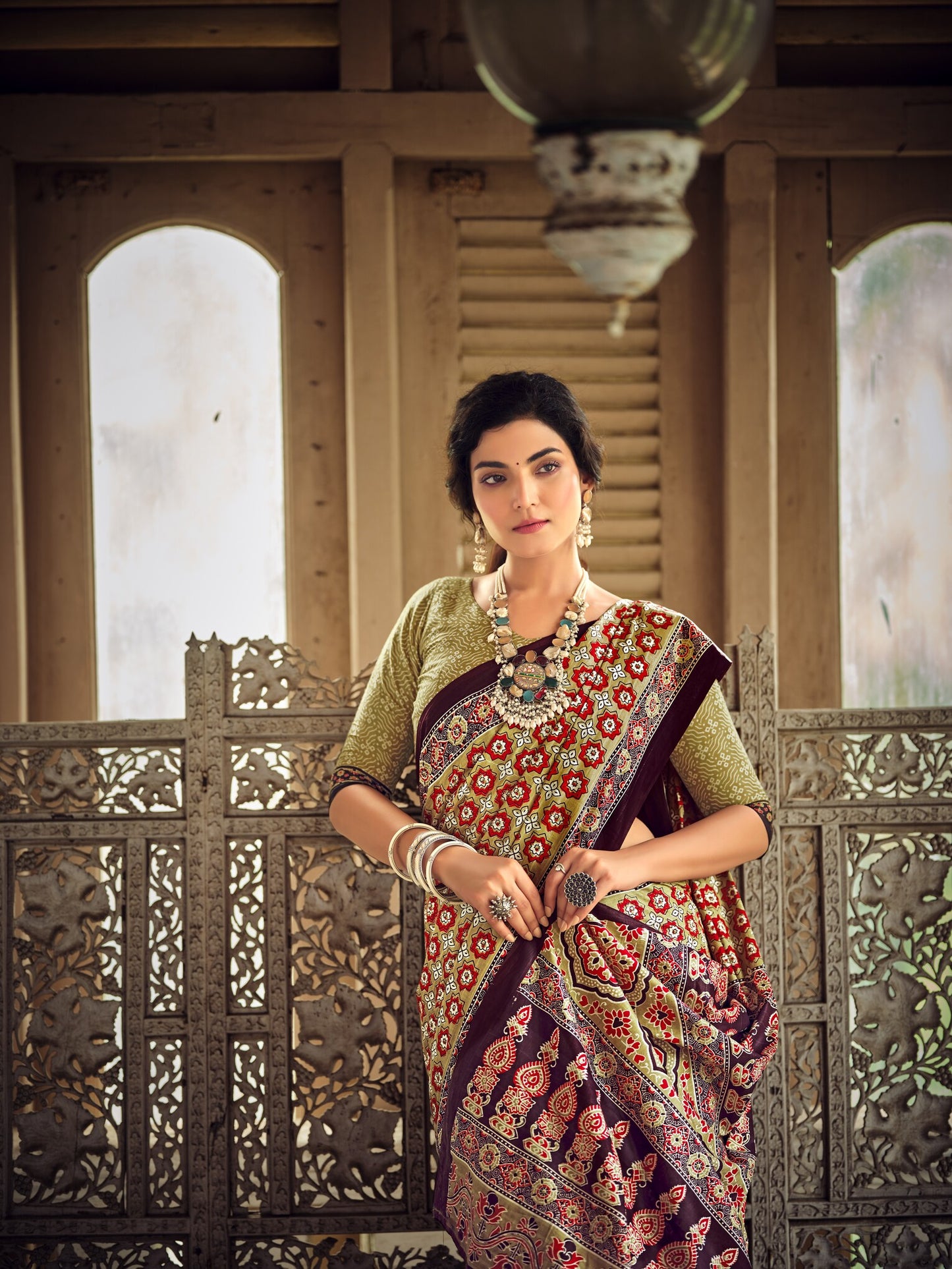 Dharma - Ajrakh Print Pure Mul Cotton Saree With Blouse