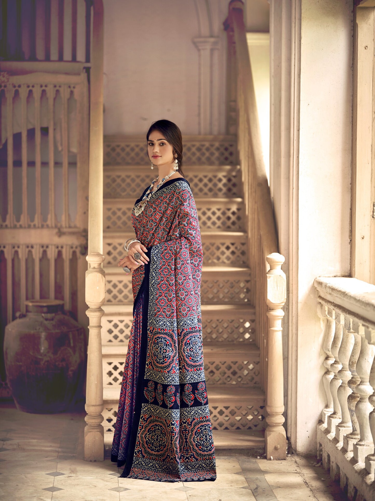 Dharma - Ajrakh Print Pure Mul Cotton Saree With Blouse