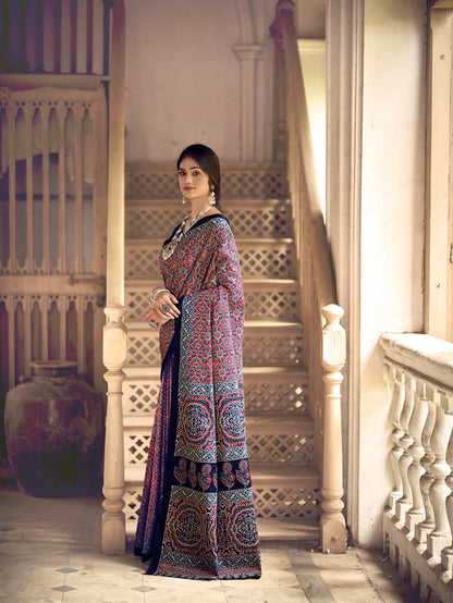 Dharma - Ajrakh Print Pure Mul Cotton Saree With Blouse